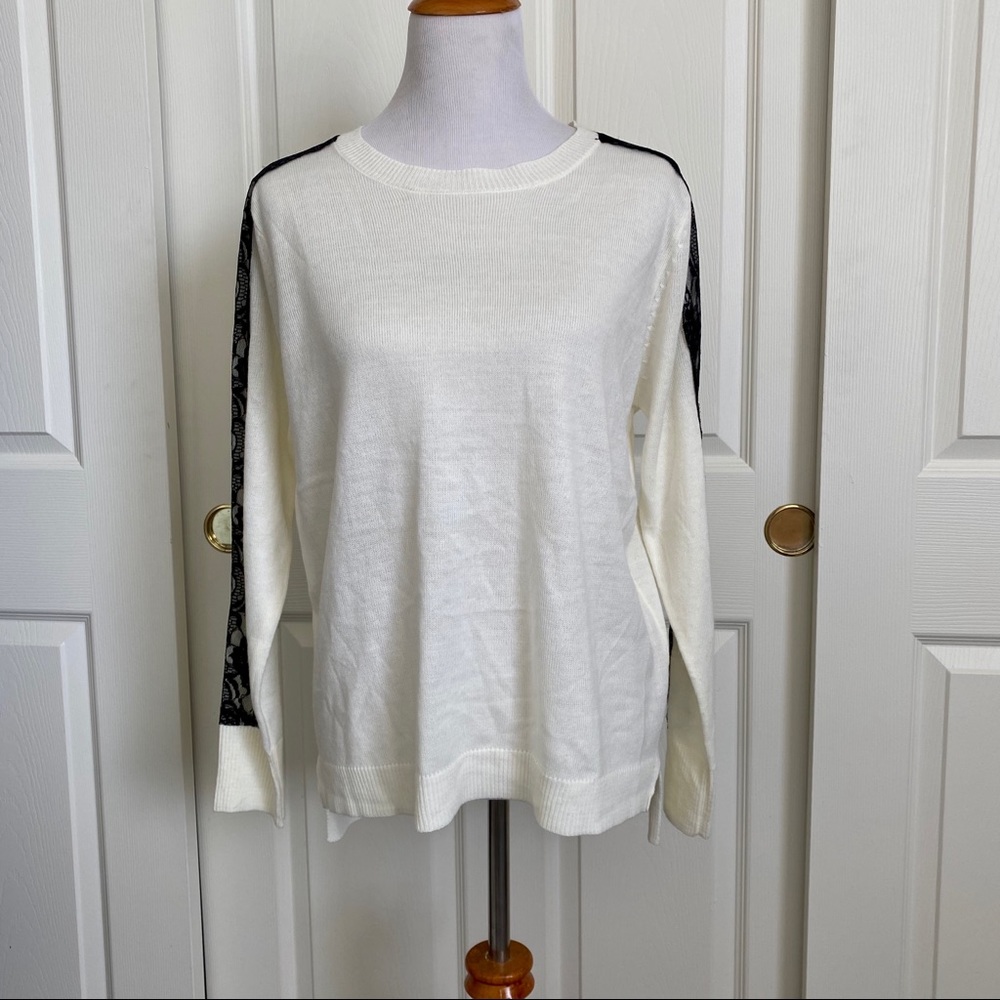 Attention Ivory Black Lace Sleeve Panel Crewneck Knit Sweater Long Sleeve Sz XL